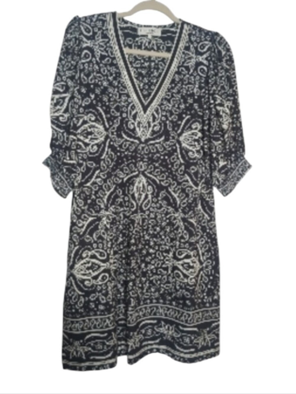 Hale Bob Medium Black and White Paisley 3/4 Sleeve Mini Sheath Dress Boho Artsy